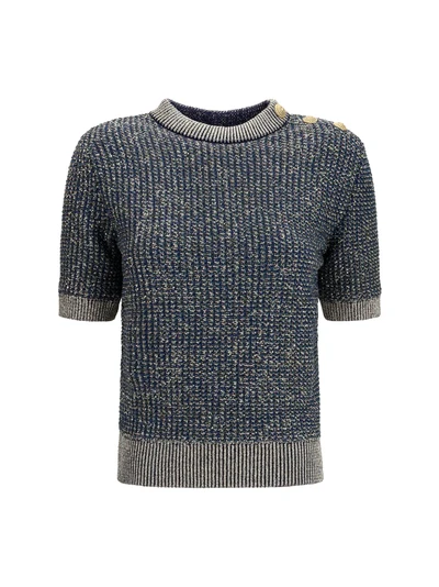 short-sleeve sequined sweater with buttons