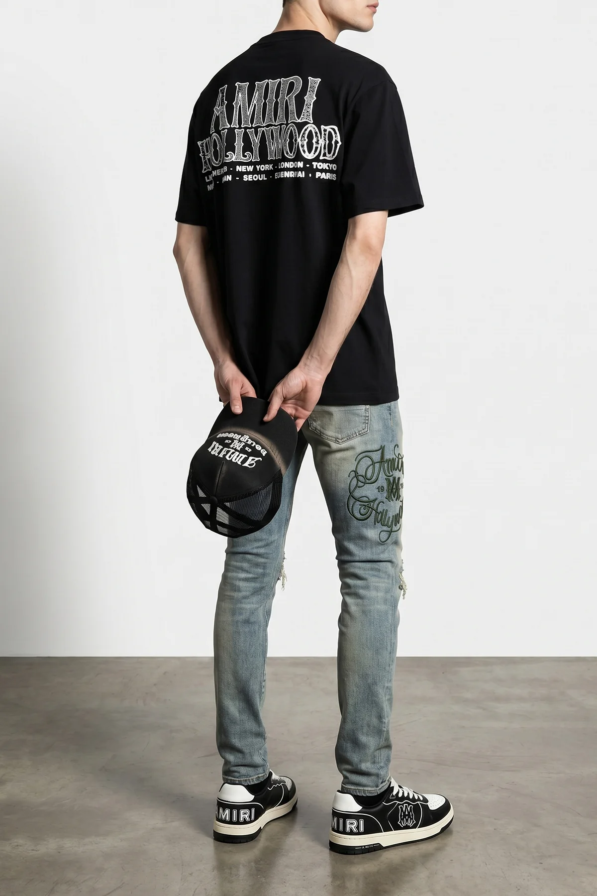 amiri hollywood mx1 used-effect stonewashed stretch cotton denim jeans