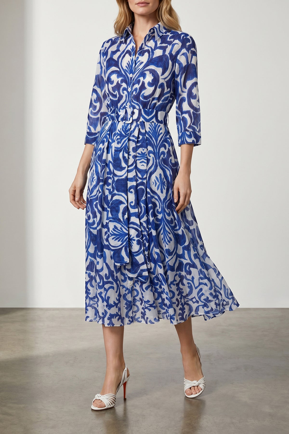 SAMANTHA SUNG 10 all over maiolica blue tile aster cotton muslin midi dress