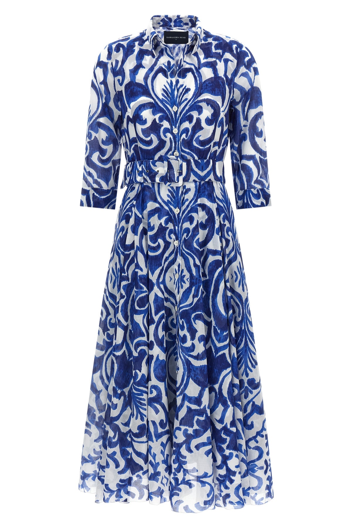 SAMANTHA SUNG 10 all over maiolica blue tile aster cotton muslin midi dress