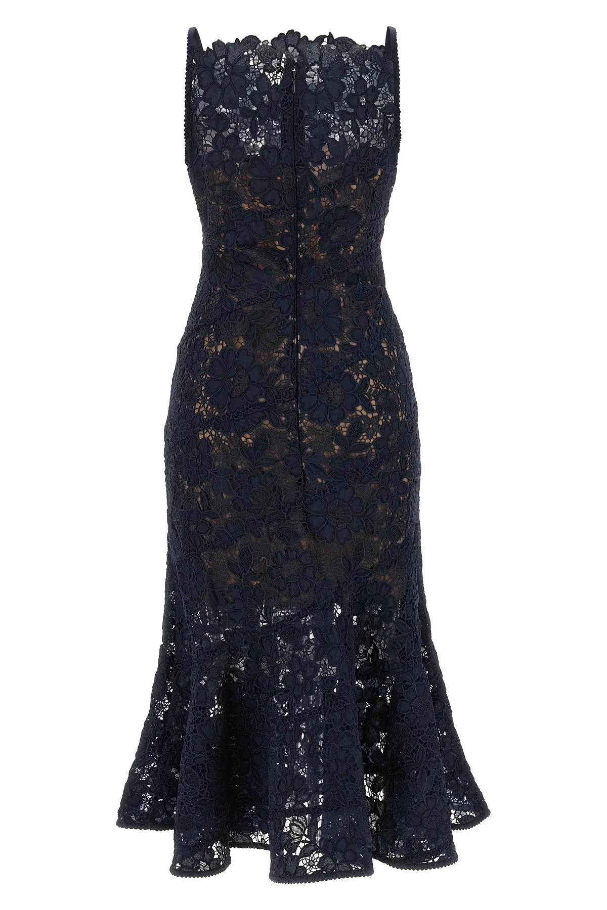 the self-portrait midi dress in navy blue is distinguished by a fit-and-flare mo
