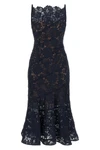 the self-portrait midi dress in navy blue is distinguished by a fit-and-flare mo