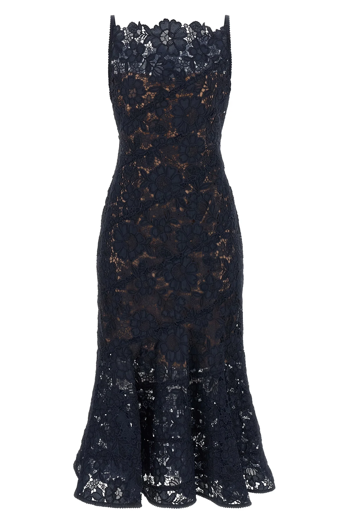 the self-portrait midi dress in navy blue is distinguished by a fit-and-flare mo