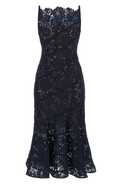 the self-portrait midi dress in navy blue is distinguished by a fit-and-flare mo