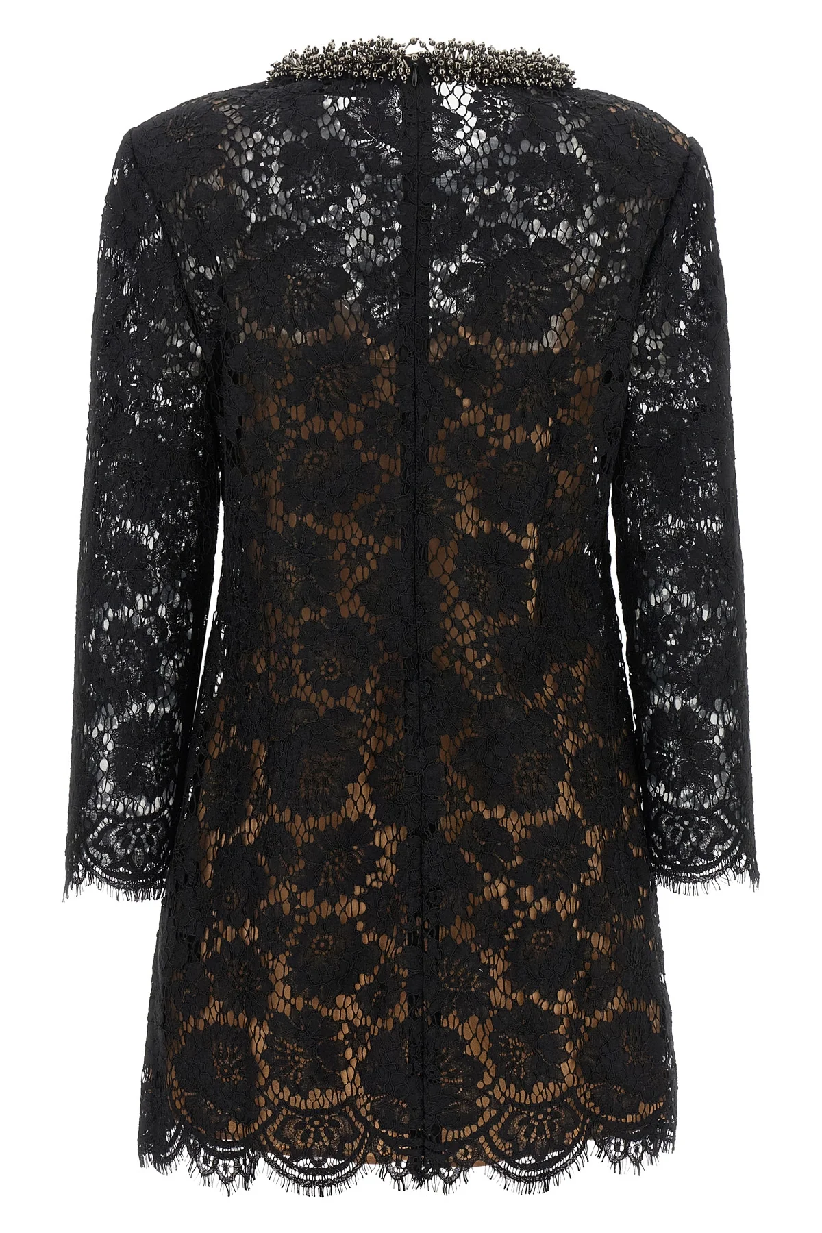 the self-portrait mini dress is built through a complex black floral lace workma