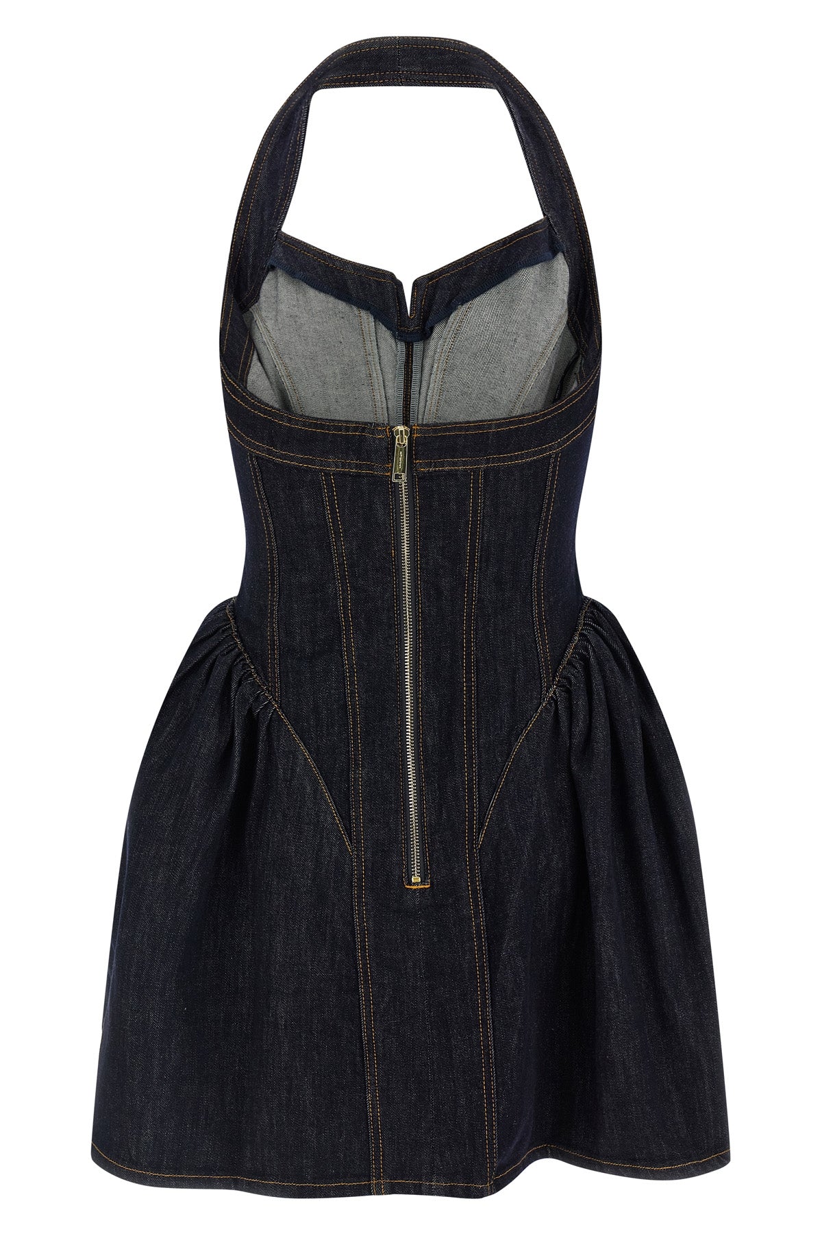 SELF PORTRAIT 6 the self-portrait indigo denim halterneck flared mini dress defines a new interp