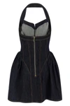 the self-portrait indigo denim halterneck flared mini dress defines a new interp
