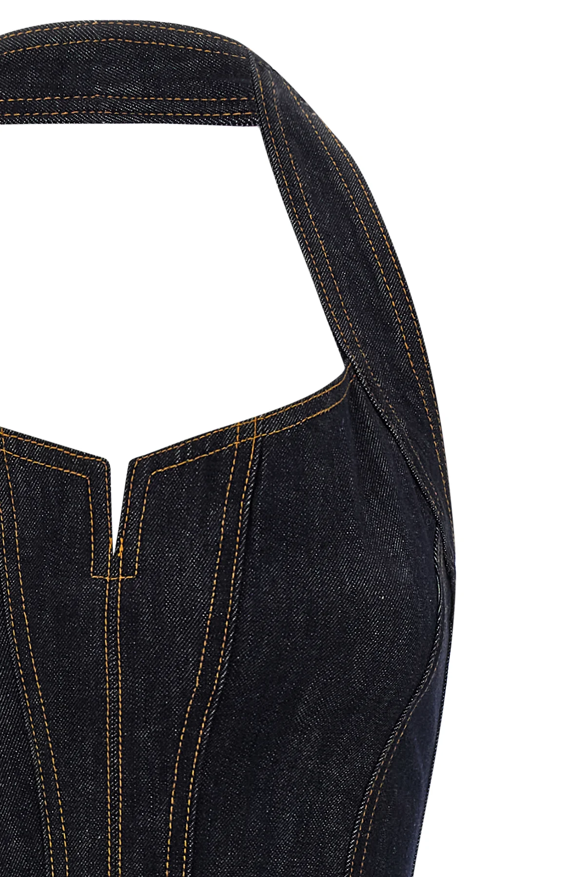 the self-portrait indigo denim halterneck flared mini dress defines a new interp