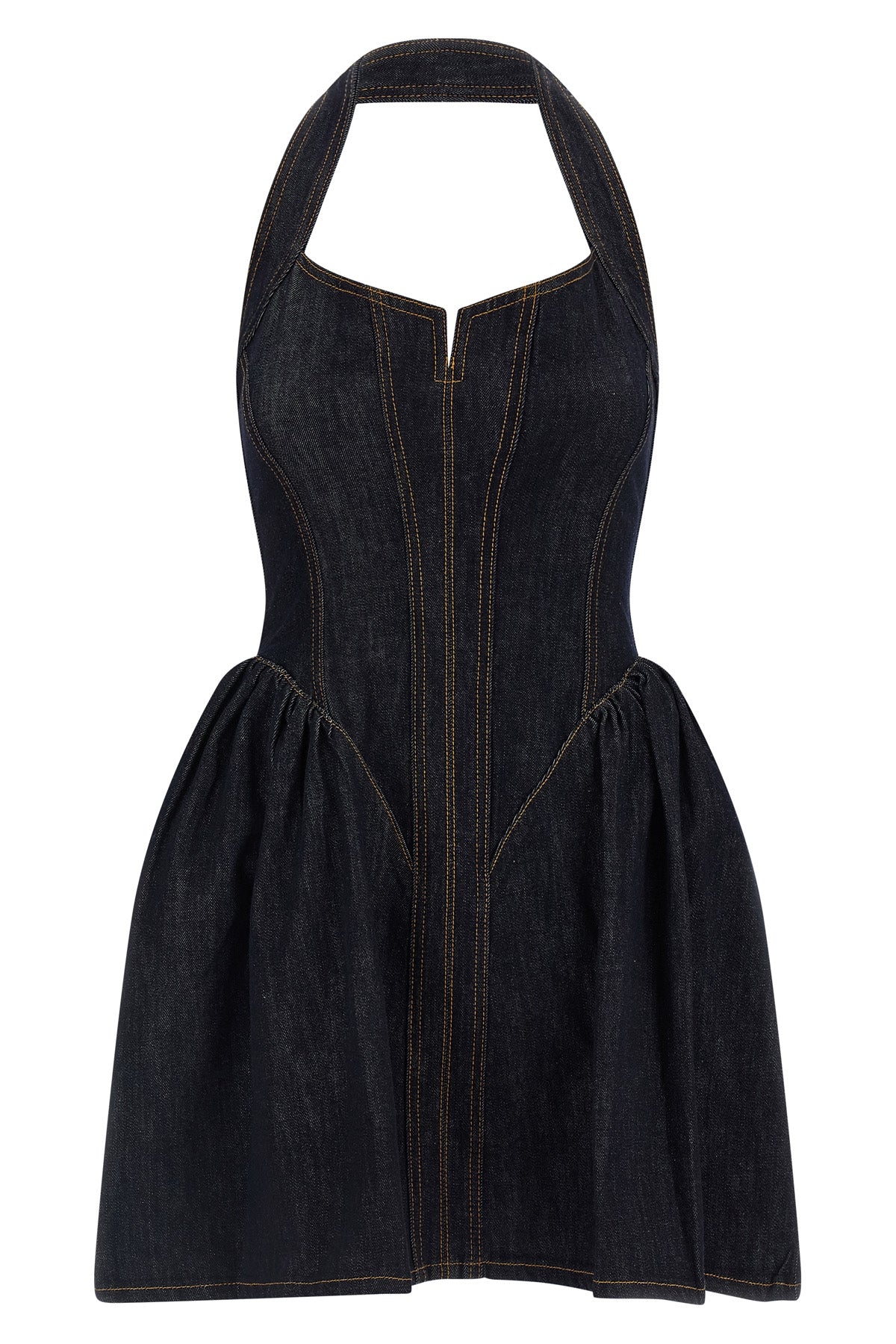 SELF PORTRAIT 6 the self-portrait indigo denim halterneck flared mini dress defines a new interp