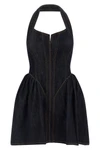 the self-portrait indigo denim halterneck flared mini dress defines a new interp