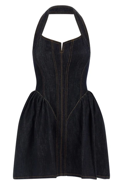 the self-portrait indigo denim halterneck flared mini dress defines a new interp