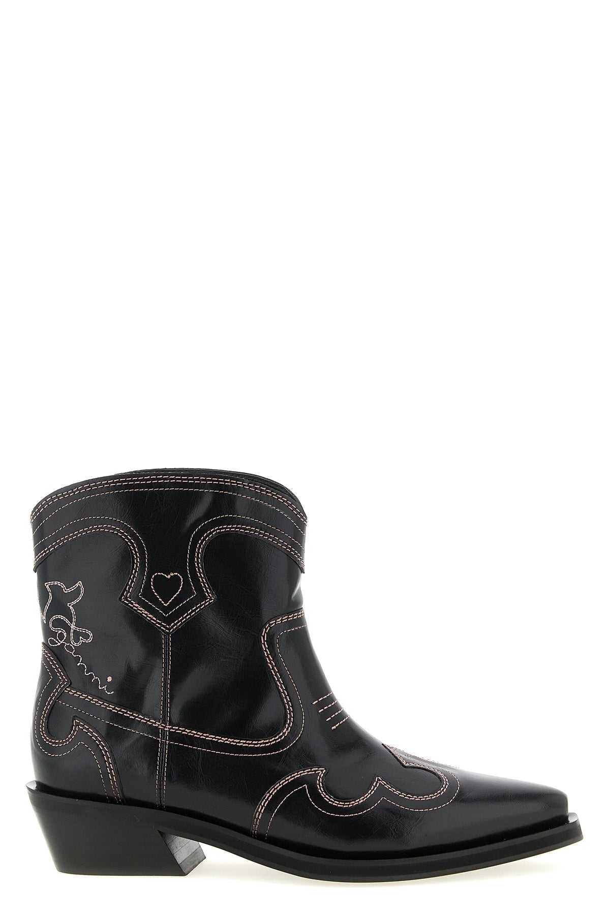 GANNI 36 low shaft embroidered western ankle boots in leather-effect fabric