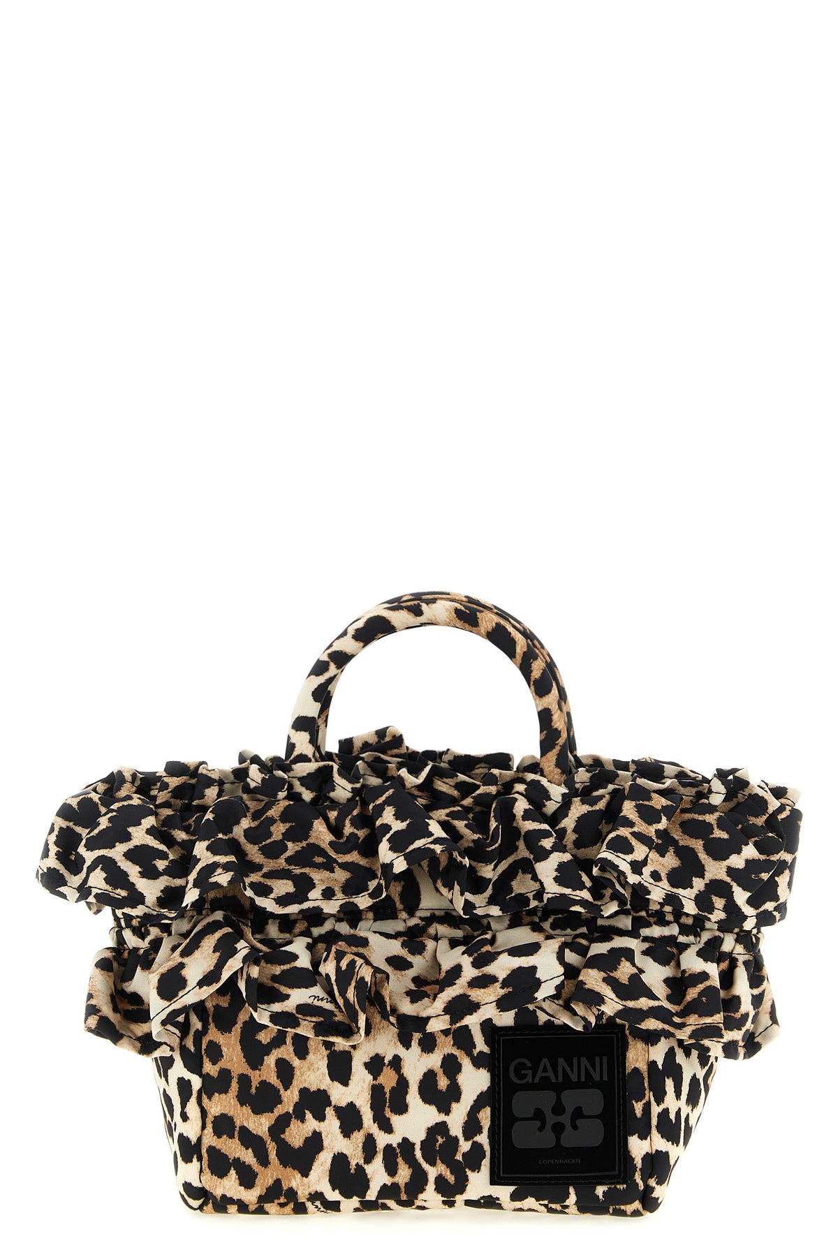 GANNI OS mini shopper ruffle print handbag in animal print technical fabric
