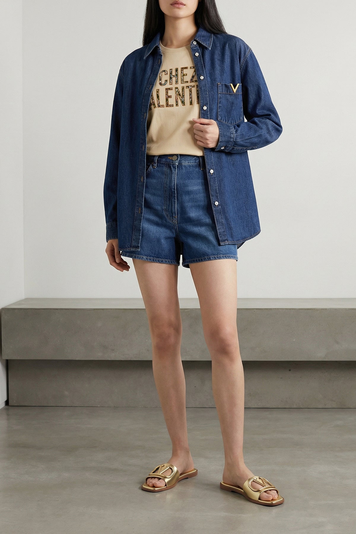 VALENTINO GARAVANI 38 solid chambray cotton denim shirt