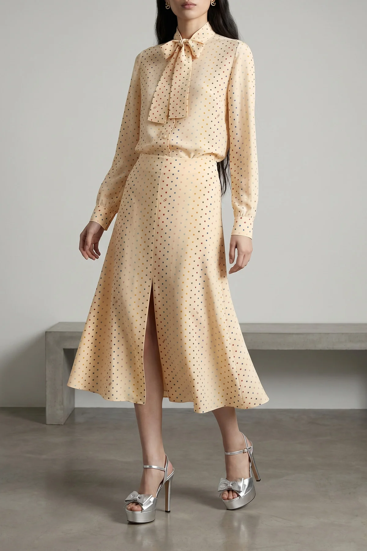 VALENTINO GARAVANI 42 all-over stelline muticolor starry print silk midi skirt