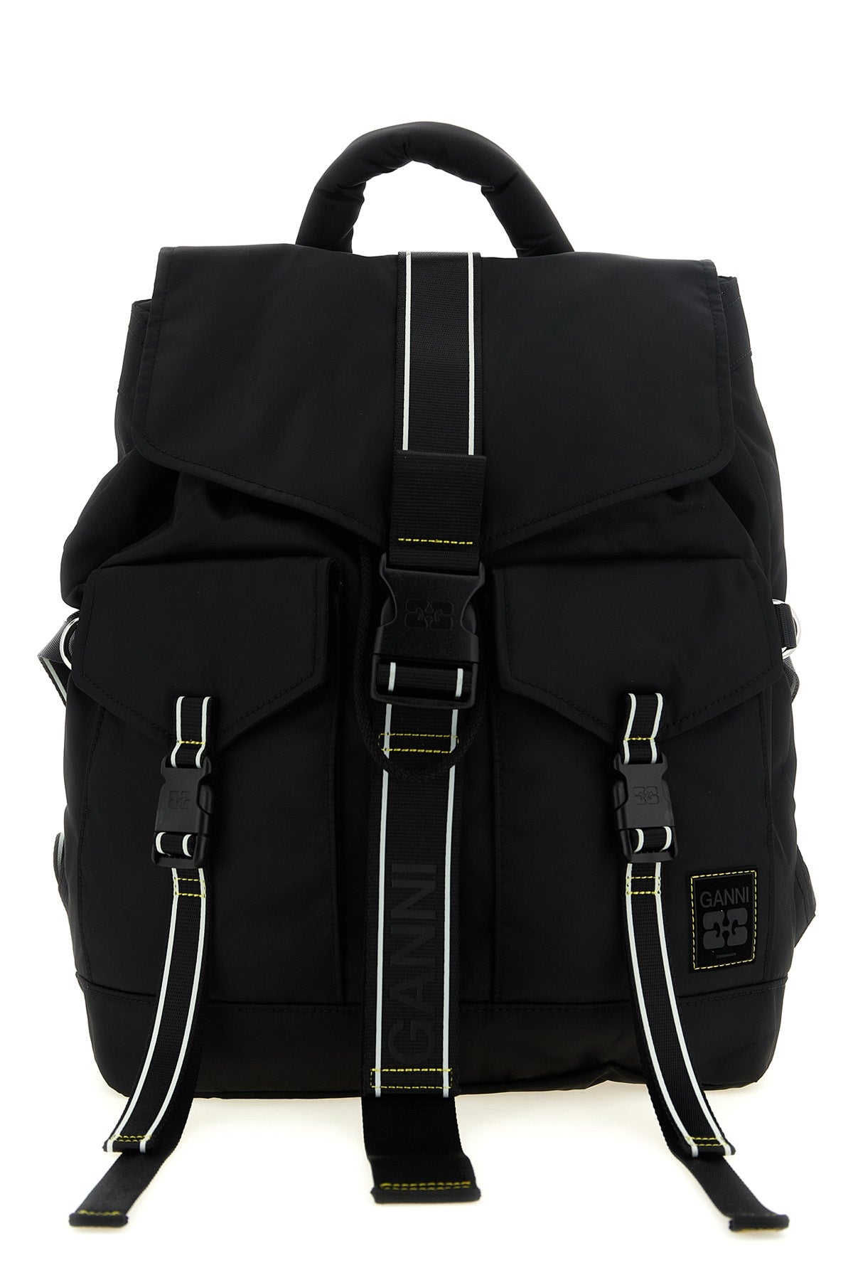 the ganni re-tech backpack is distinguished by a utilitarian construction decl