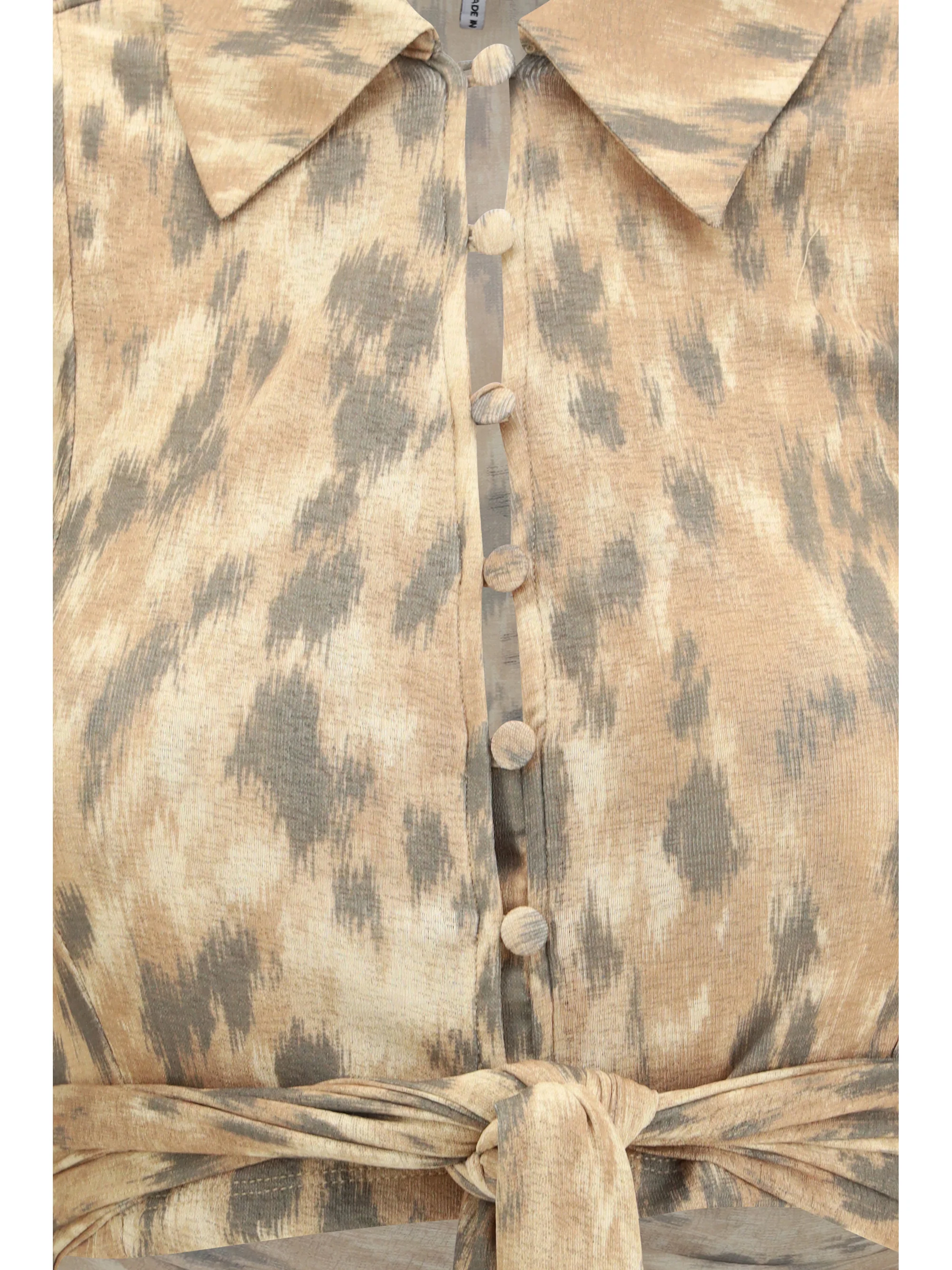 printed marl mesh tie blouse