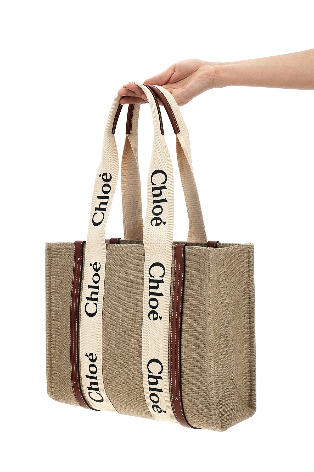 CHLOÉ OS medium woody shopping bag in linen canvas