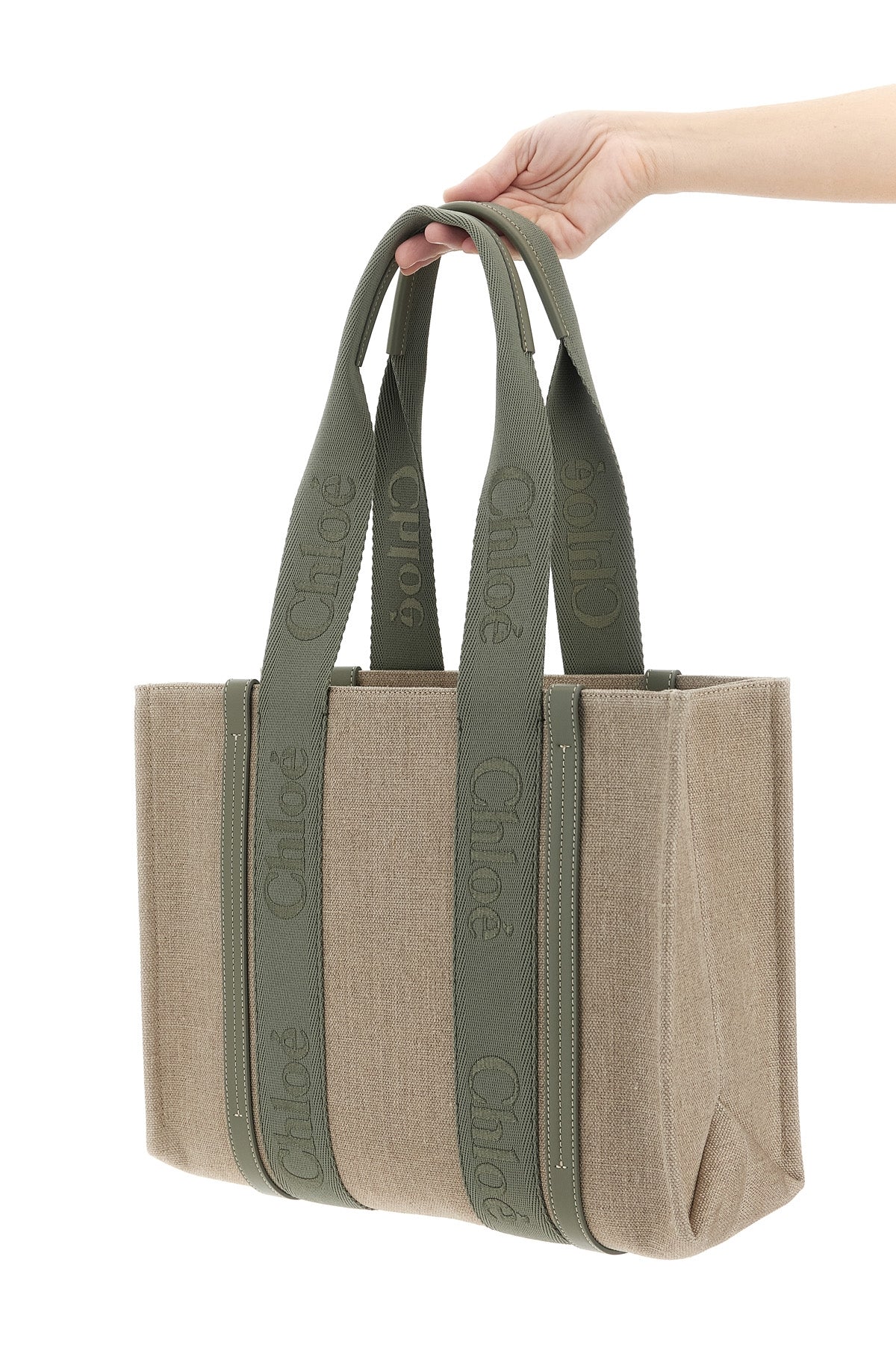 CHLOÉ OS medium woody shopping bag in linen canvas
