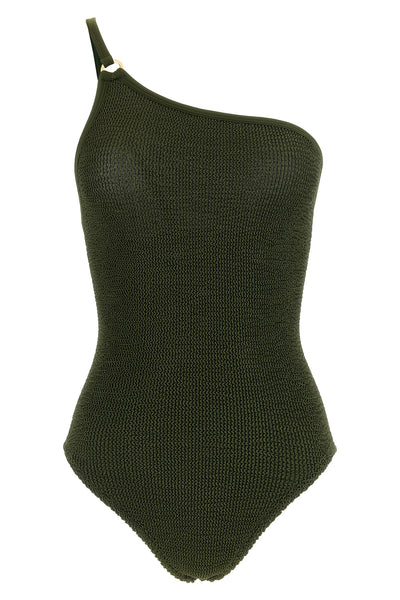 the hunza g clara swim one-piece swimsuit defines an asymmetrical silhouette thr