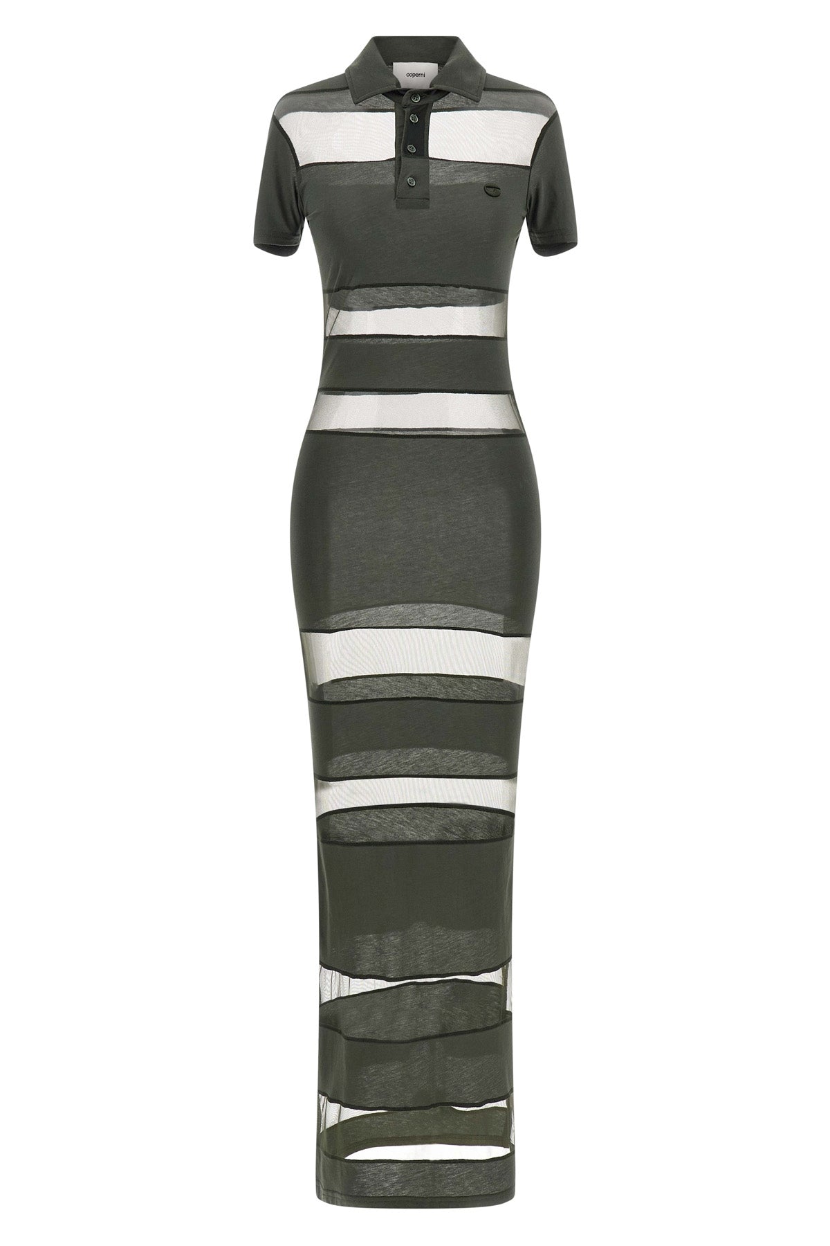 long striped sheer polo dress in stretch technical fabric