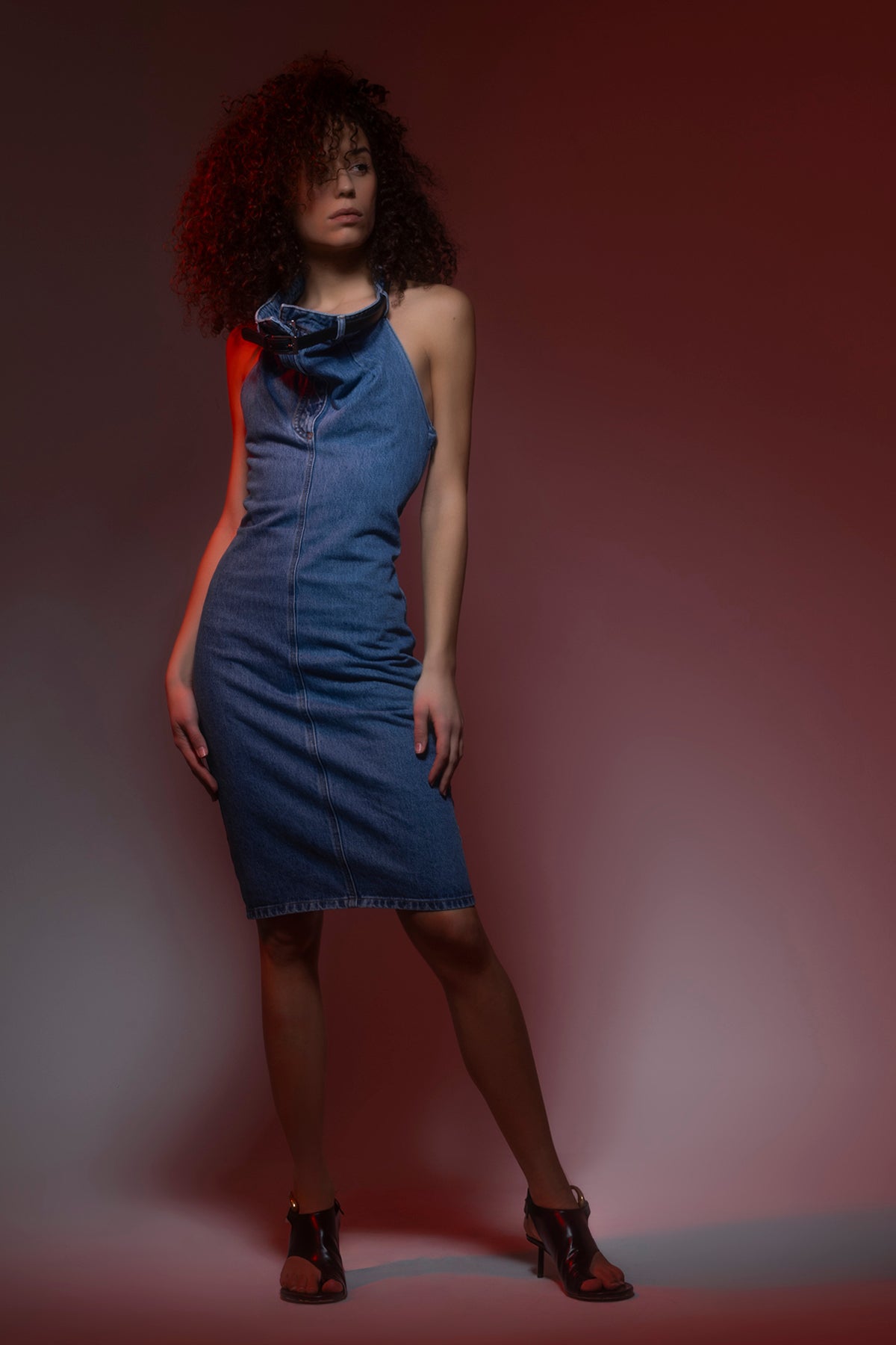COPERNI 36 belt halter neck sleeveless dress in cotton denim