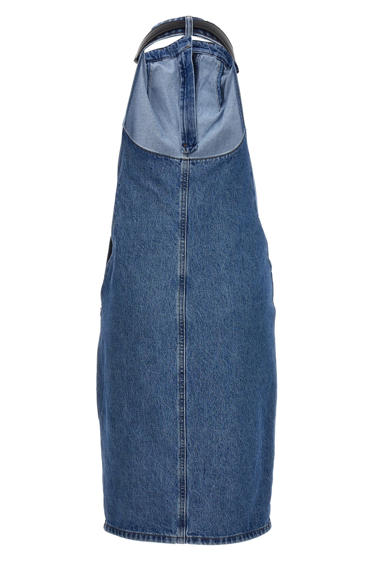 belt halter neck sleeveless dress in cotton denim
