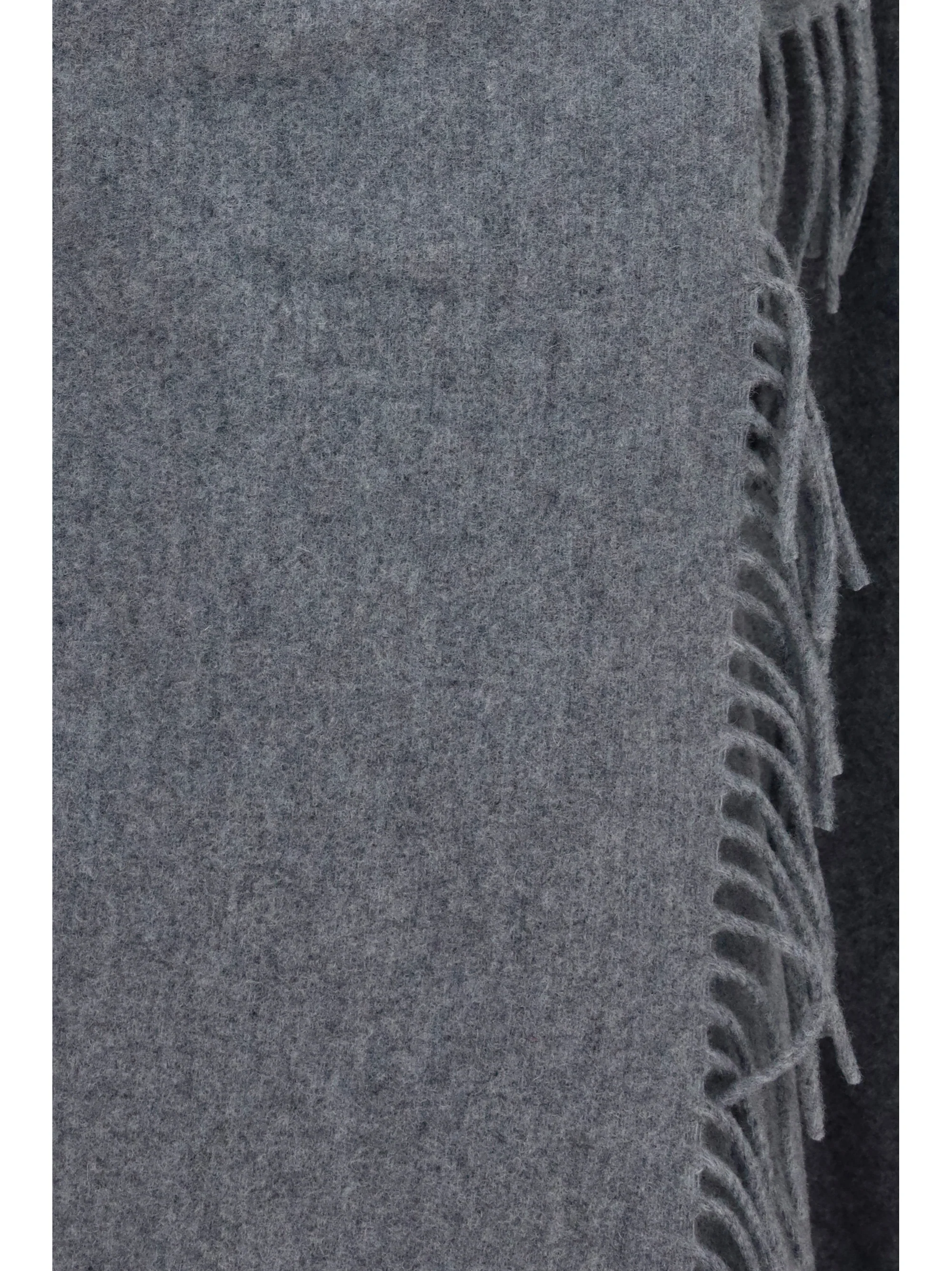 high-neck wool cape with concealed closure and fringes