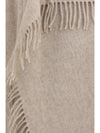 high-neck wool cape with concealed closure and fringes