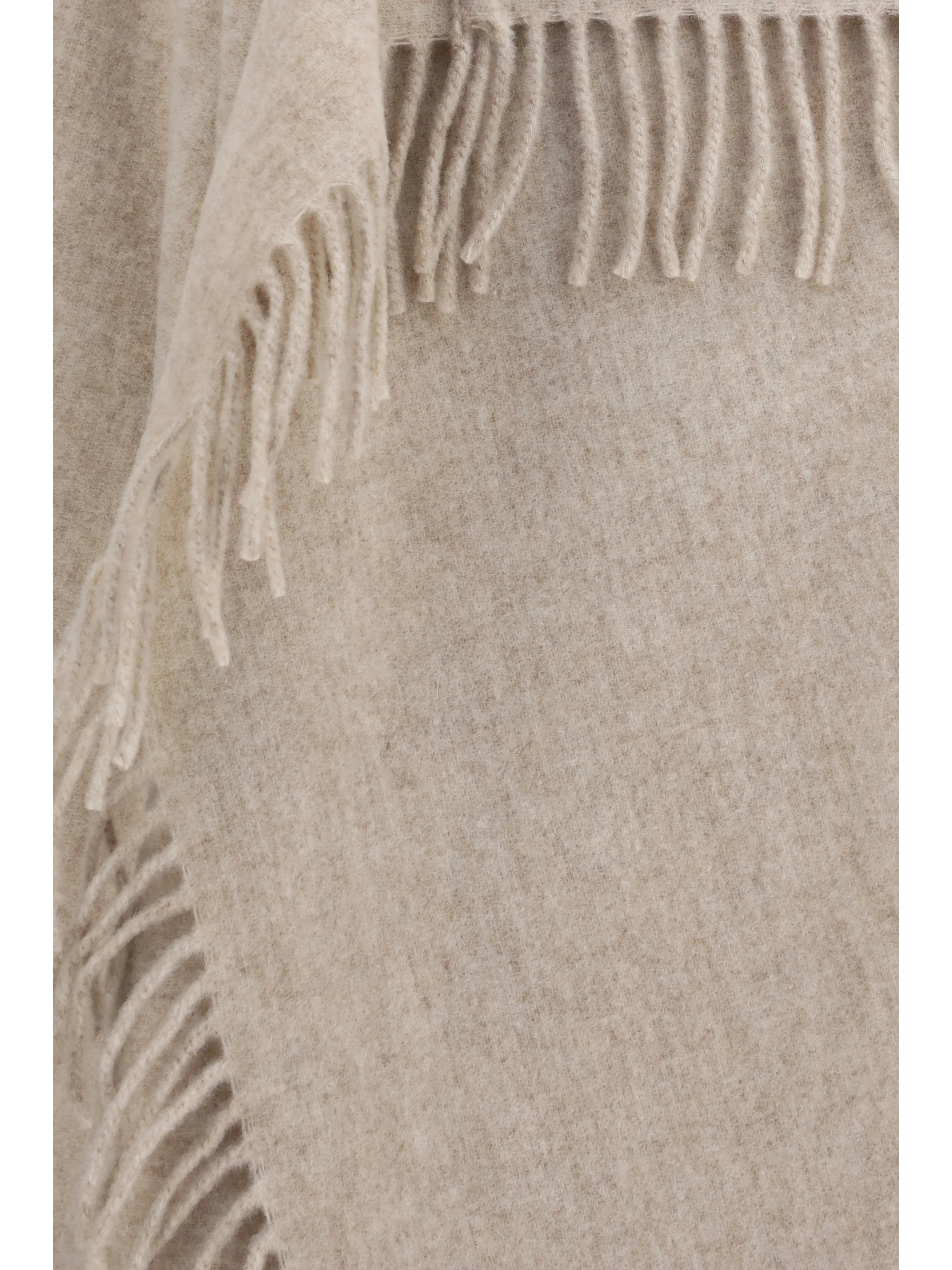 high-neck wool cape with concealed closure and fringes