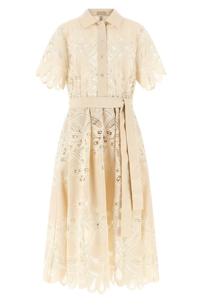 the elie saab midi dress defines a structured a-silhouette through a complex all