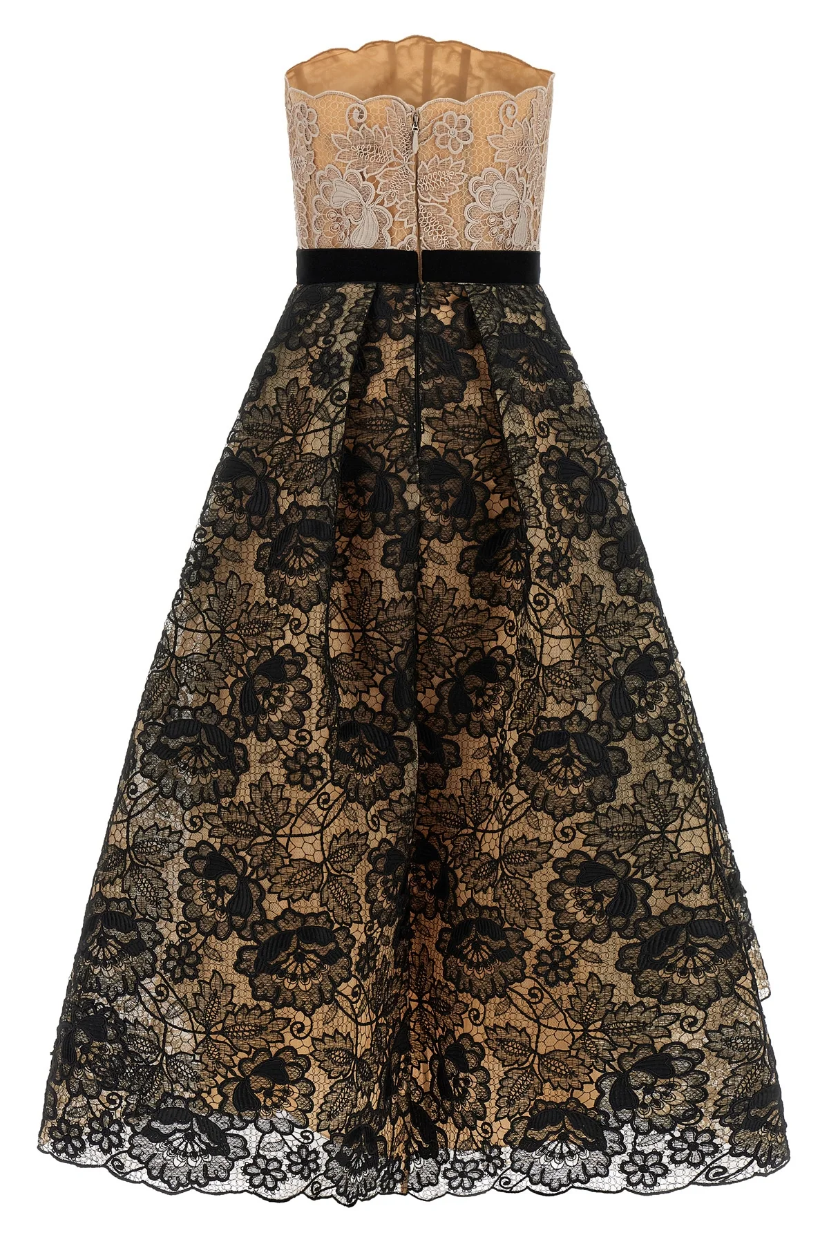 ELIE SAAB 34 the elie saab guipure lace midi dress features a strapless fit-and-flare silhoue