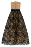 the elie saab guipure lace midi dress features a strapless fit-and-flare silhoue