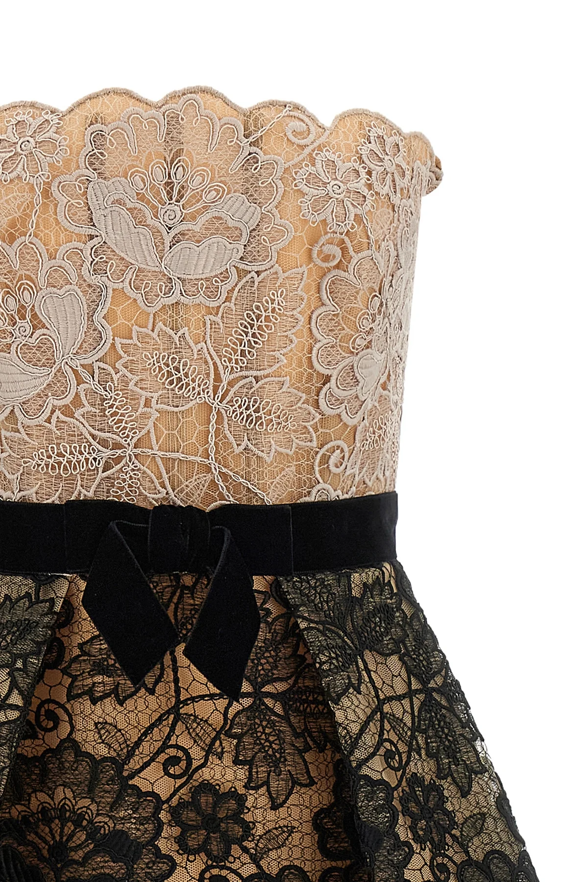 the elie saab guipure lace midi dress features a strapless fit-and-flare silhoue