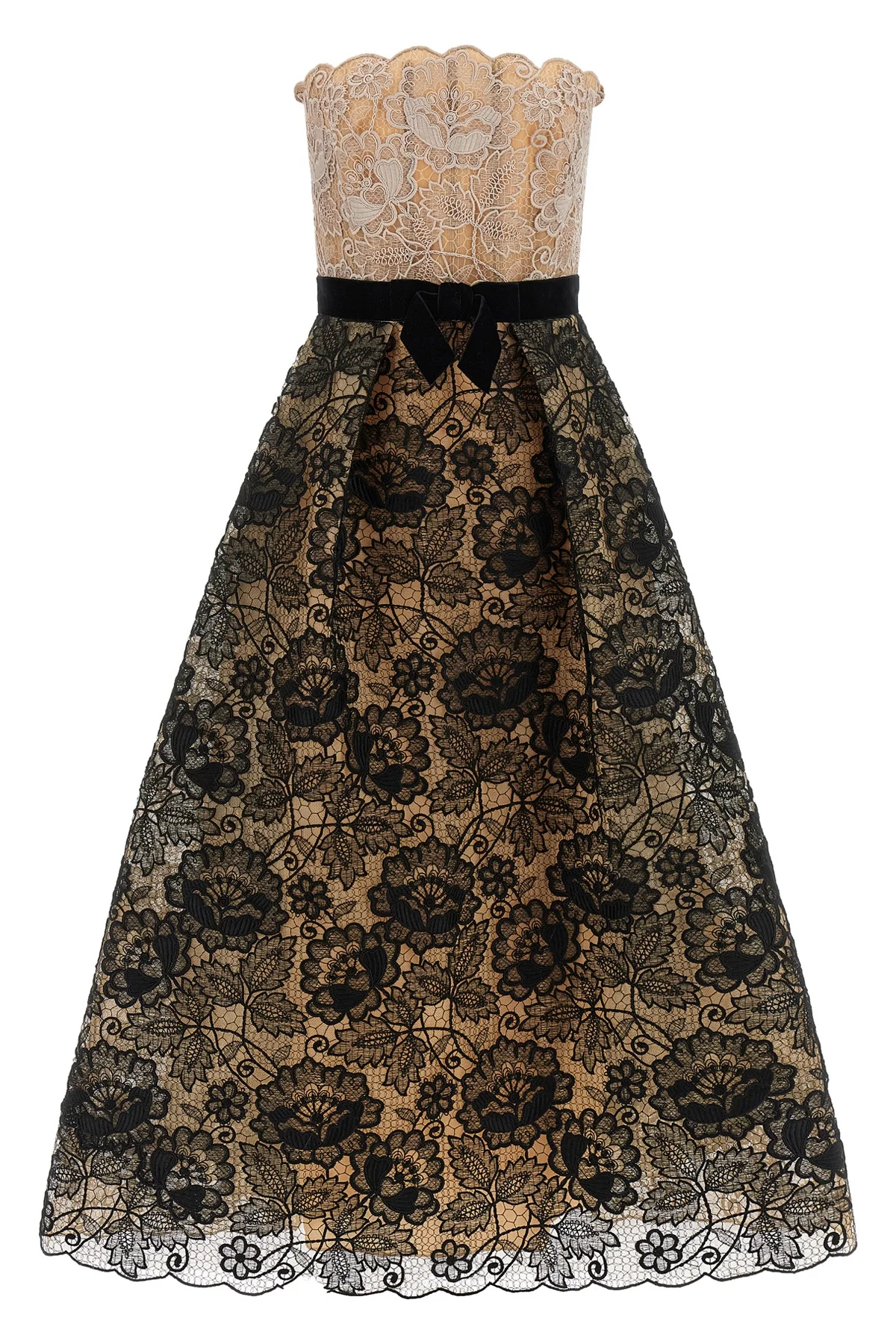 ELIE SAAB 34 the elie saab guipure lace midi dress features a strapless fit-and-flare silhoue