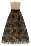 the elie saab guipure lace midi dress features a strapless fit-and-flare silhoue