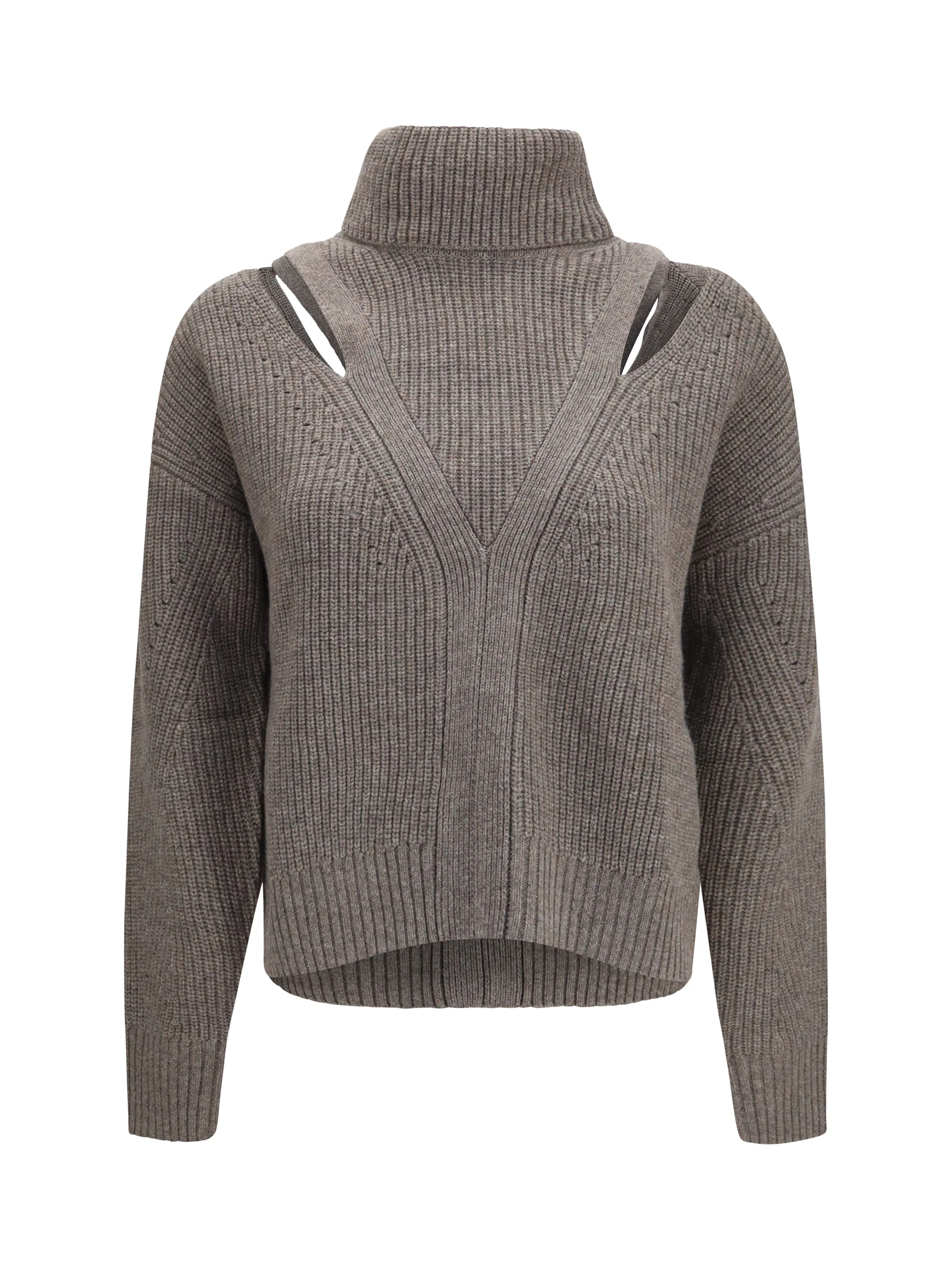 high-neck sweater with perforated shoulders