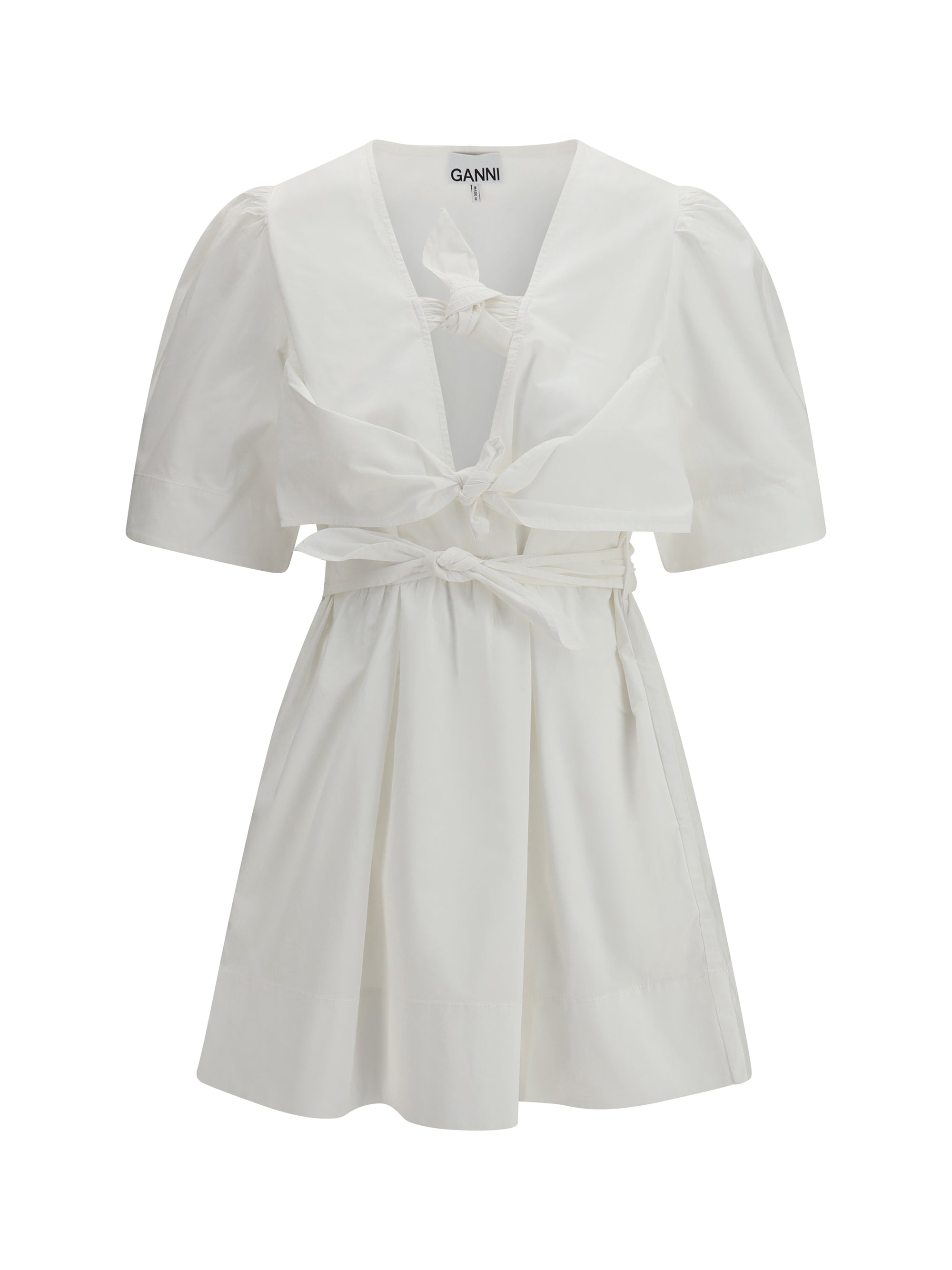 GANNI 38 mini dress with a deep v-neckline and front tie bands