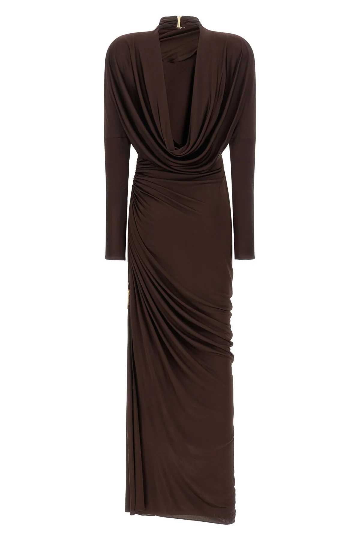 the balmain fluid jersey long dress defines the silhouette through a screwed tai