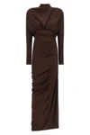 the balmain fluid jersey long dress defines the silhouette through a screwed tai