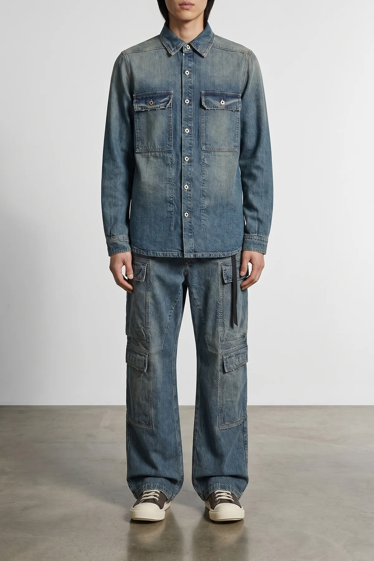 double cargo used-effect stone-washed cotton denim jeans