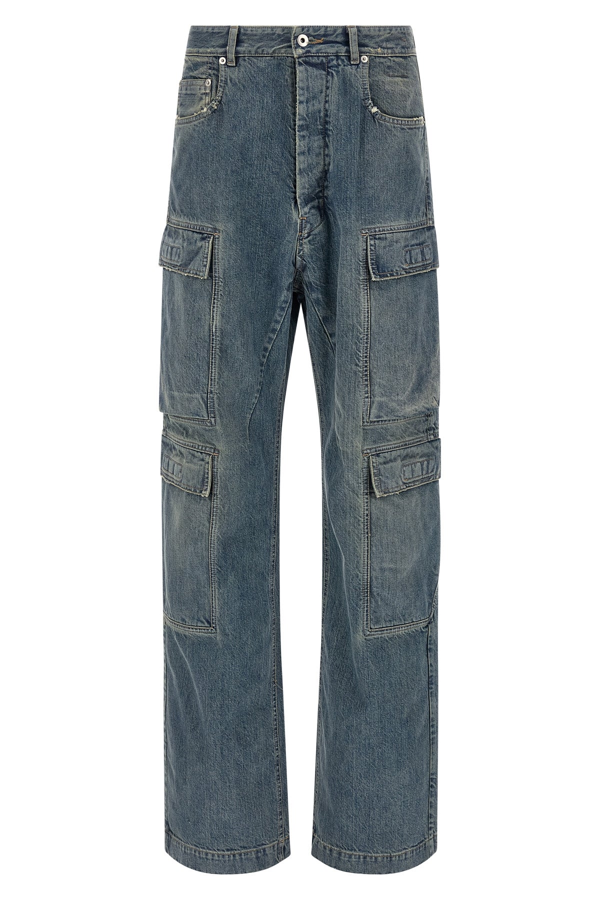 double cargo used-effect stone-washed cotton denim jeans