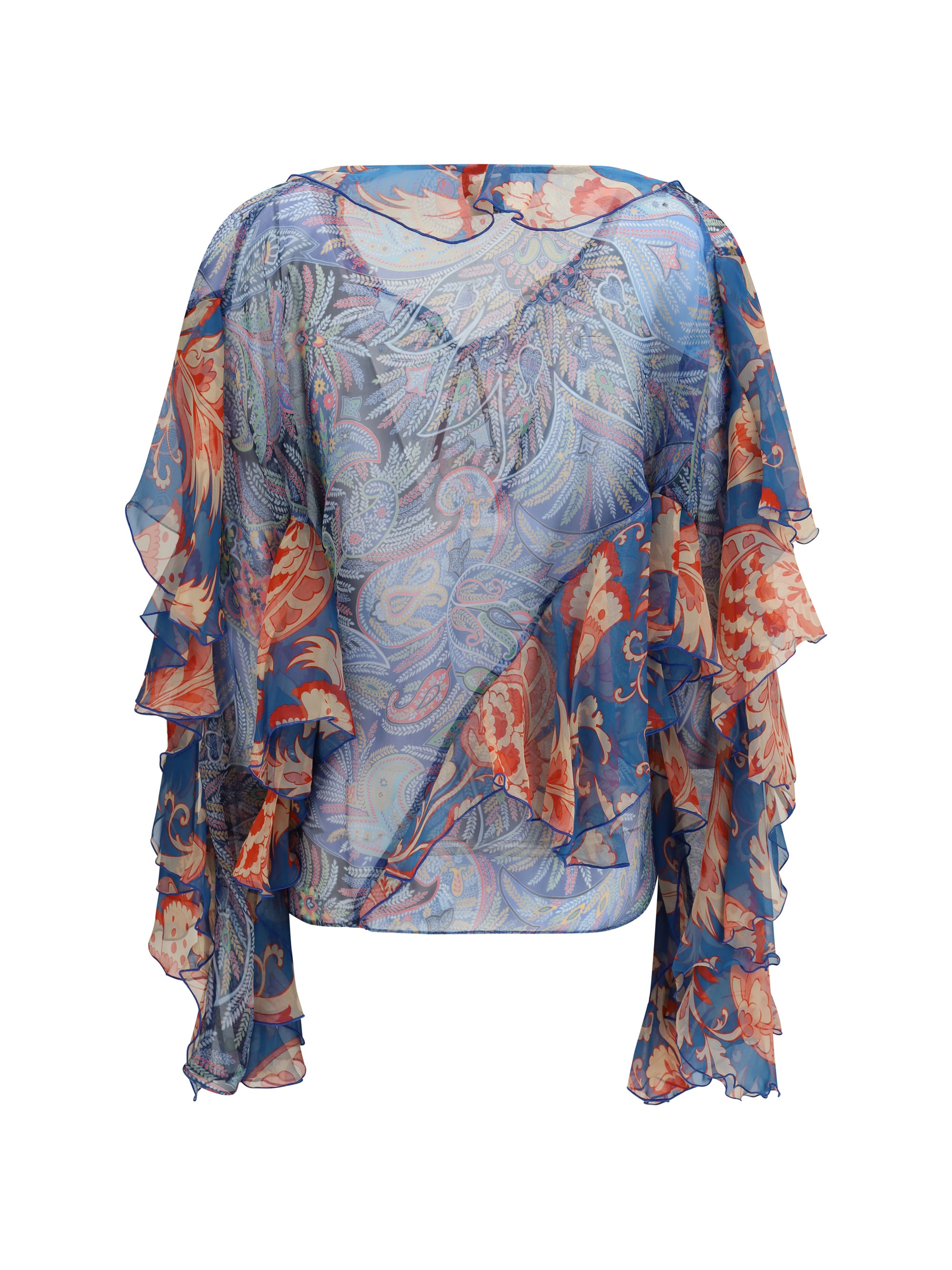 ETRO 40 long-sleeve silk shirt with ruffles and floral motif