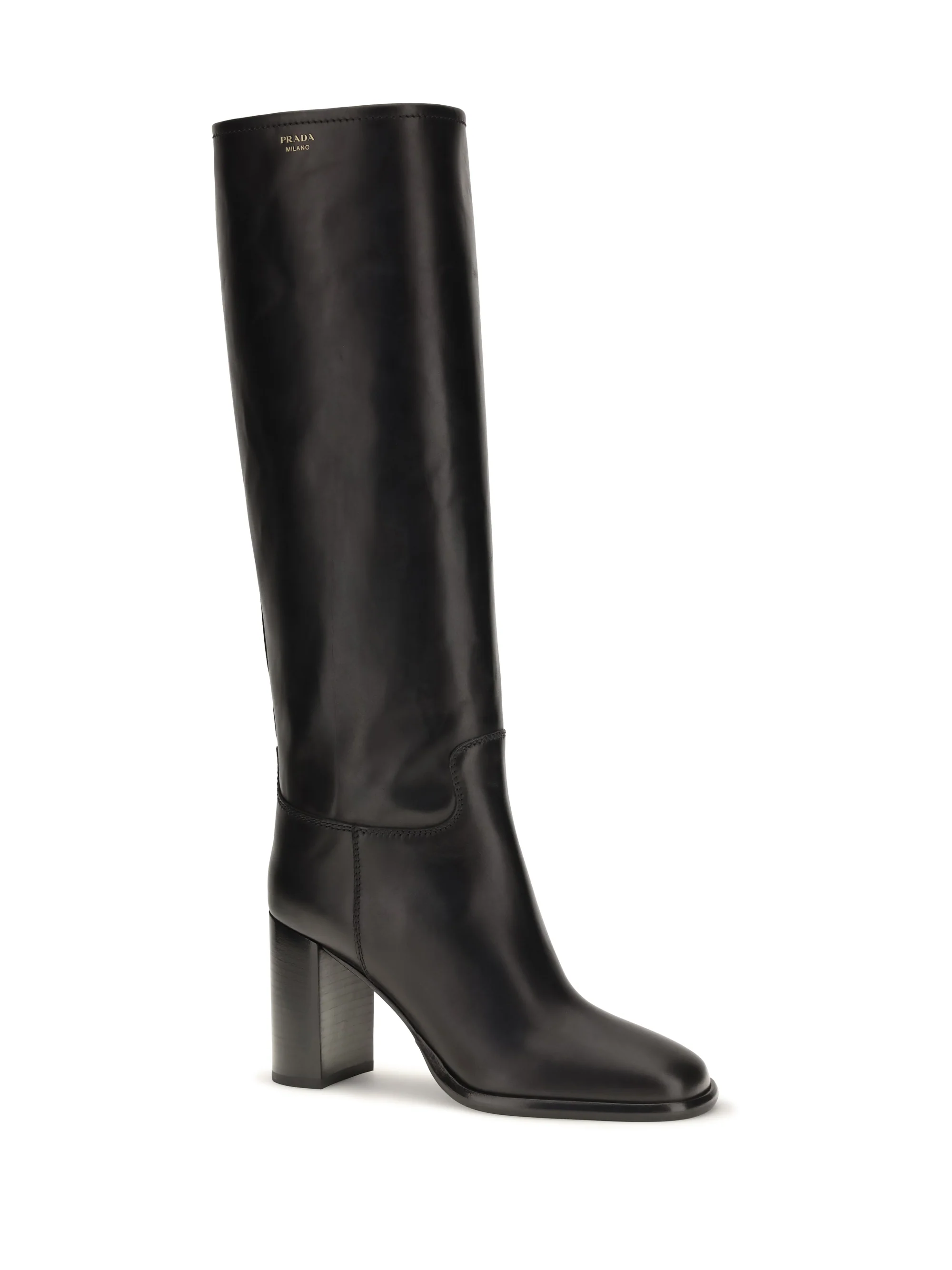 high leather boots with screen-printed logo