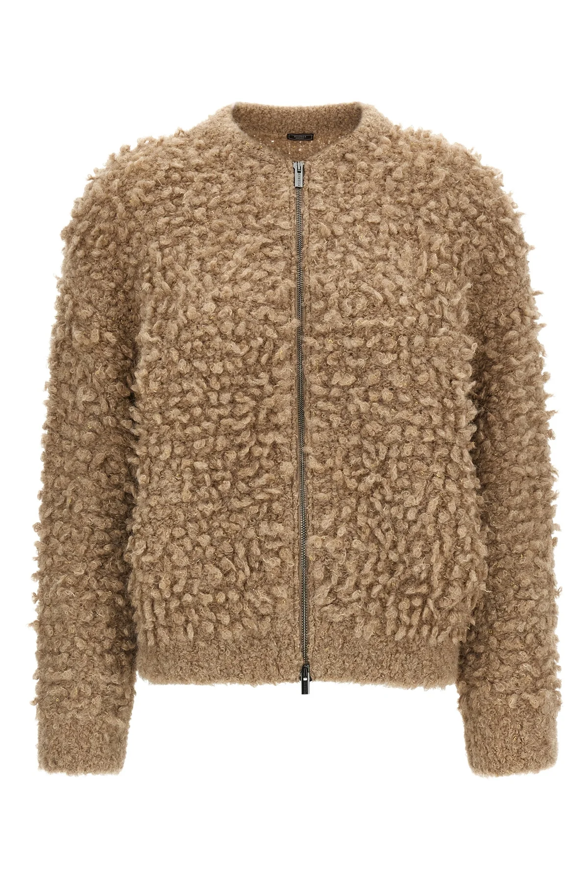 the peserico bomber jacket redefines the codes of knitwear through material volu