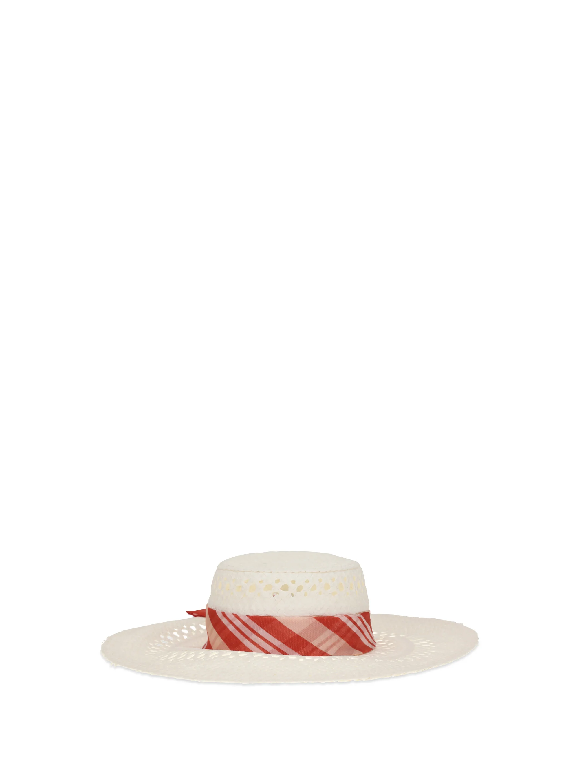 wide-brim hat with vichy print silk scarf