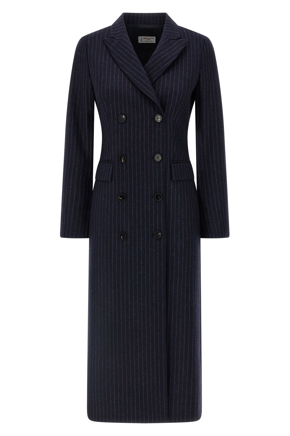 ALBERTO BIANI 42 double-breasted long coat in cool pinstriped wool