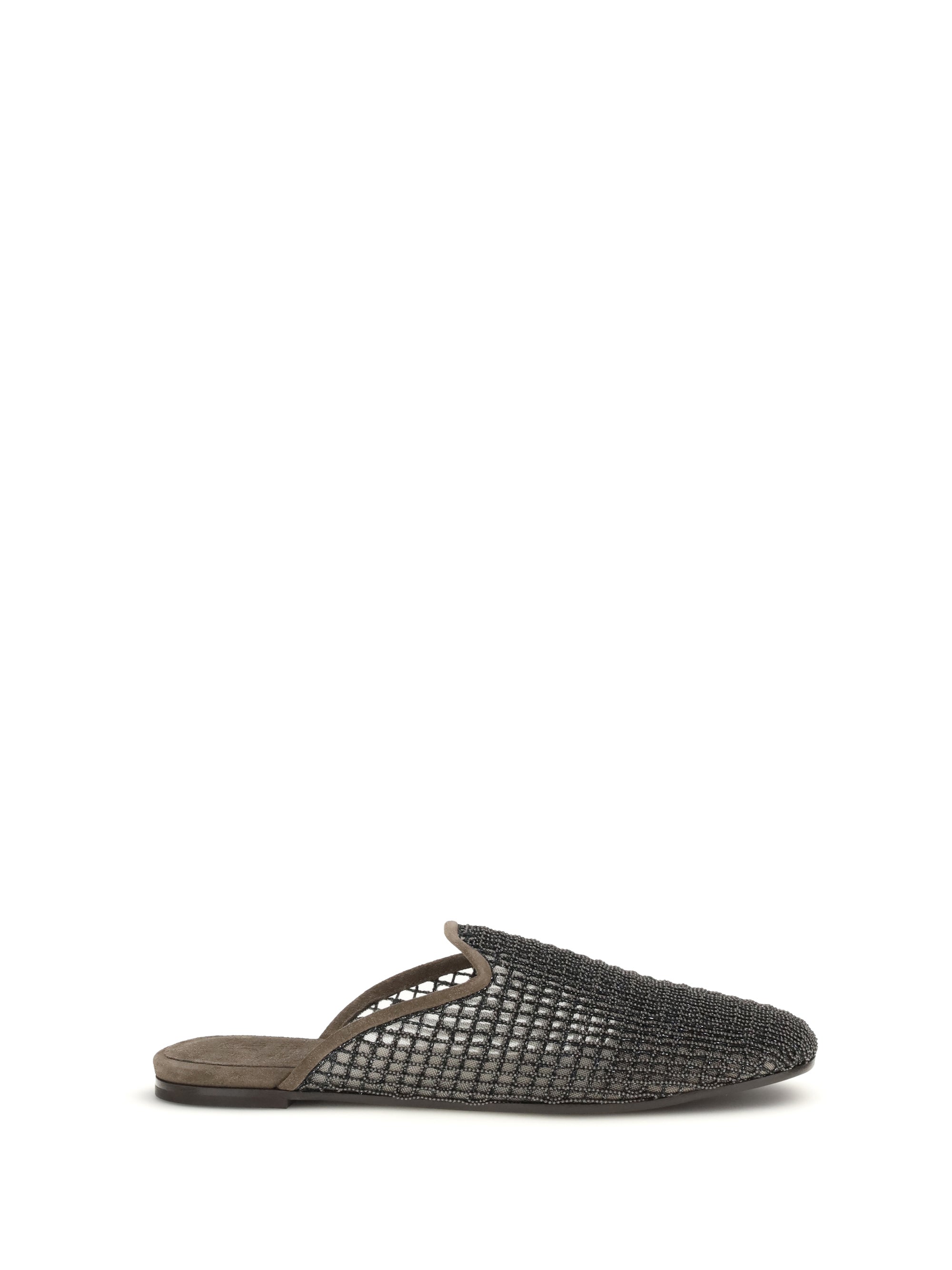 BRUNELLO CUCINELLI 38 suede mules with precious net embroidery