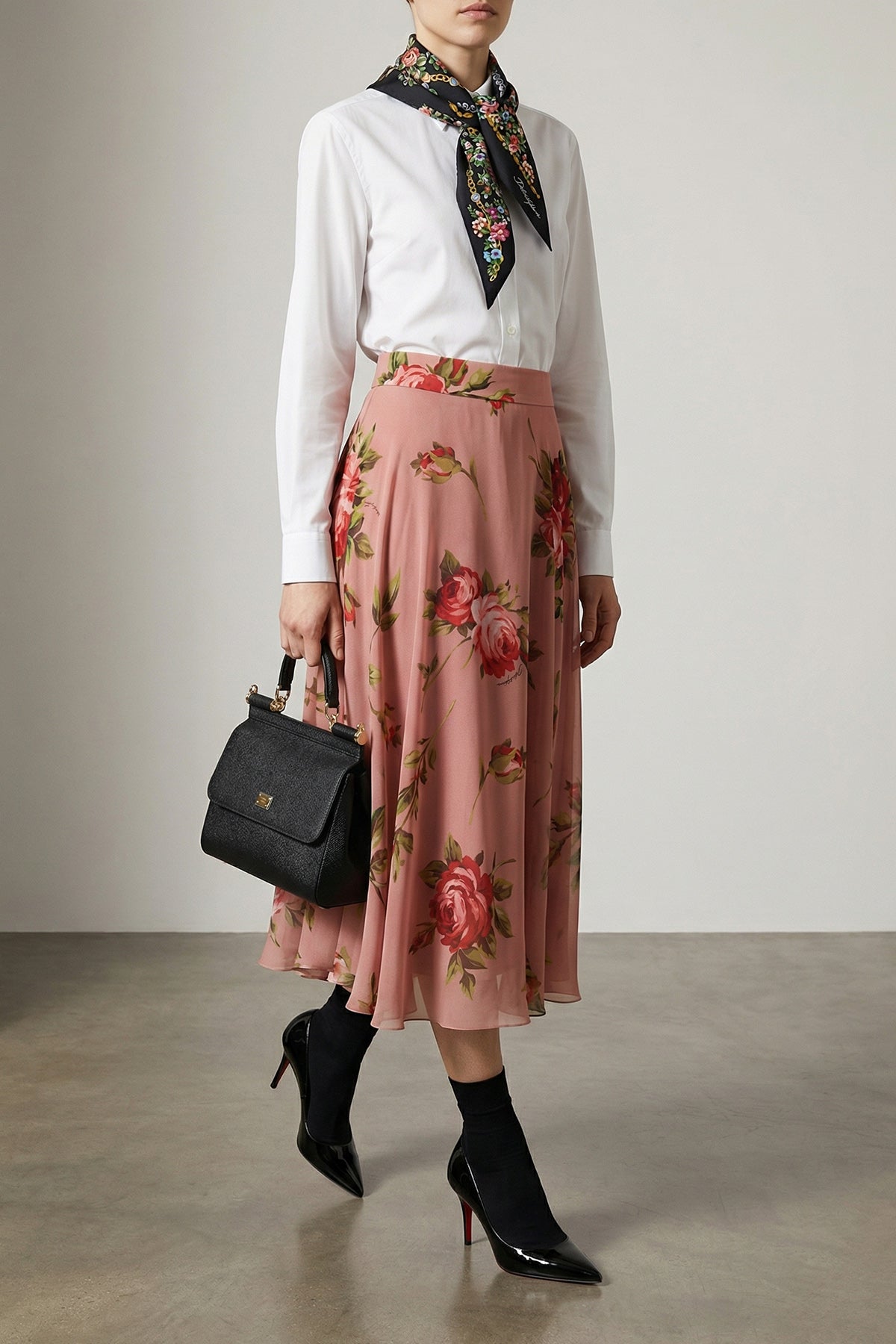 DOLCE amp; GABBANA 38 bouquet rose print chiffon midi skirt