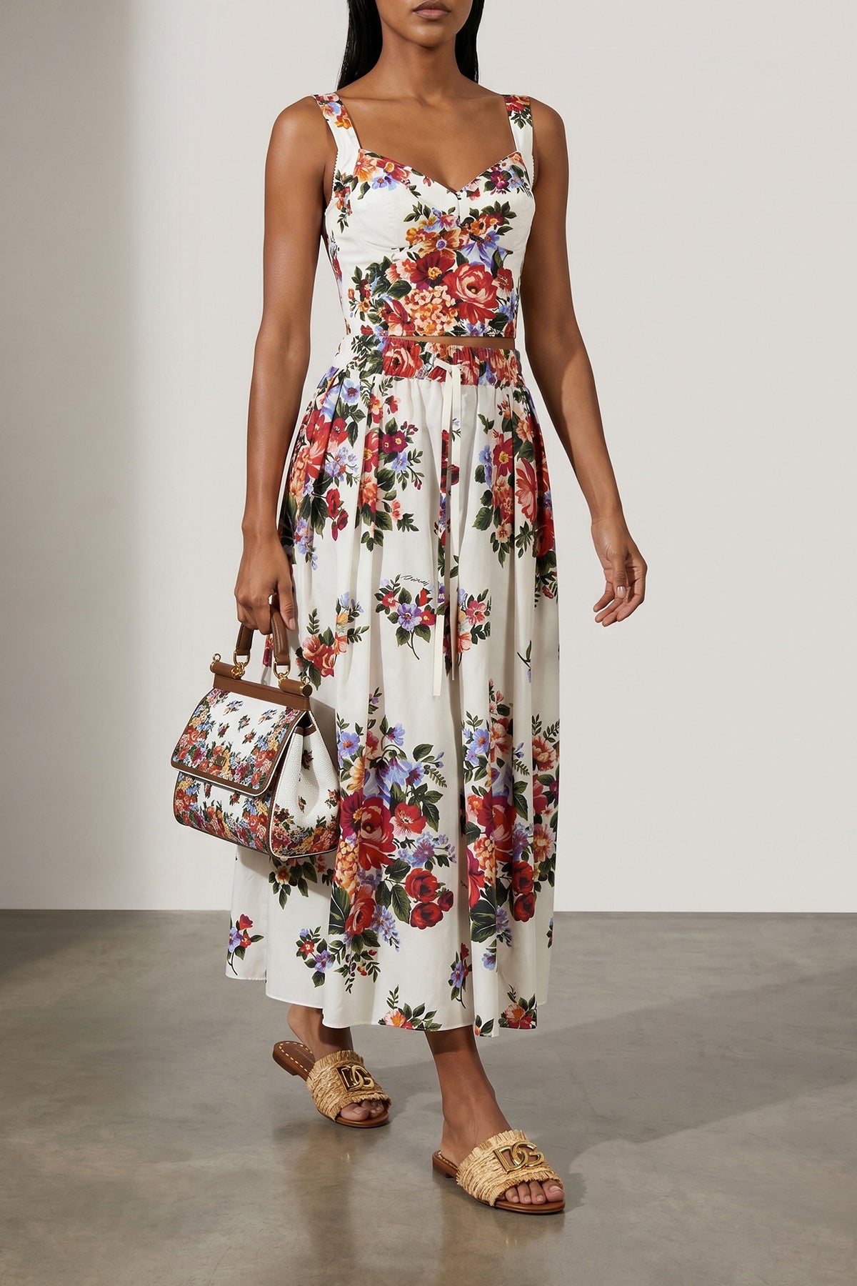 DOLCE amp; GABBANA 40 midi skirt in all-over mazzo di fiori print cotton poplin